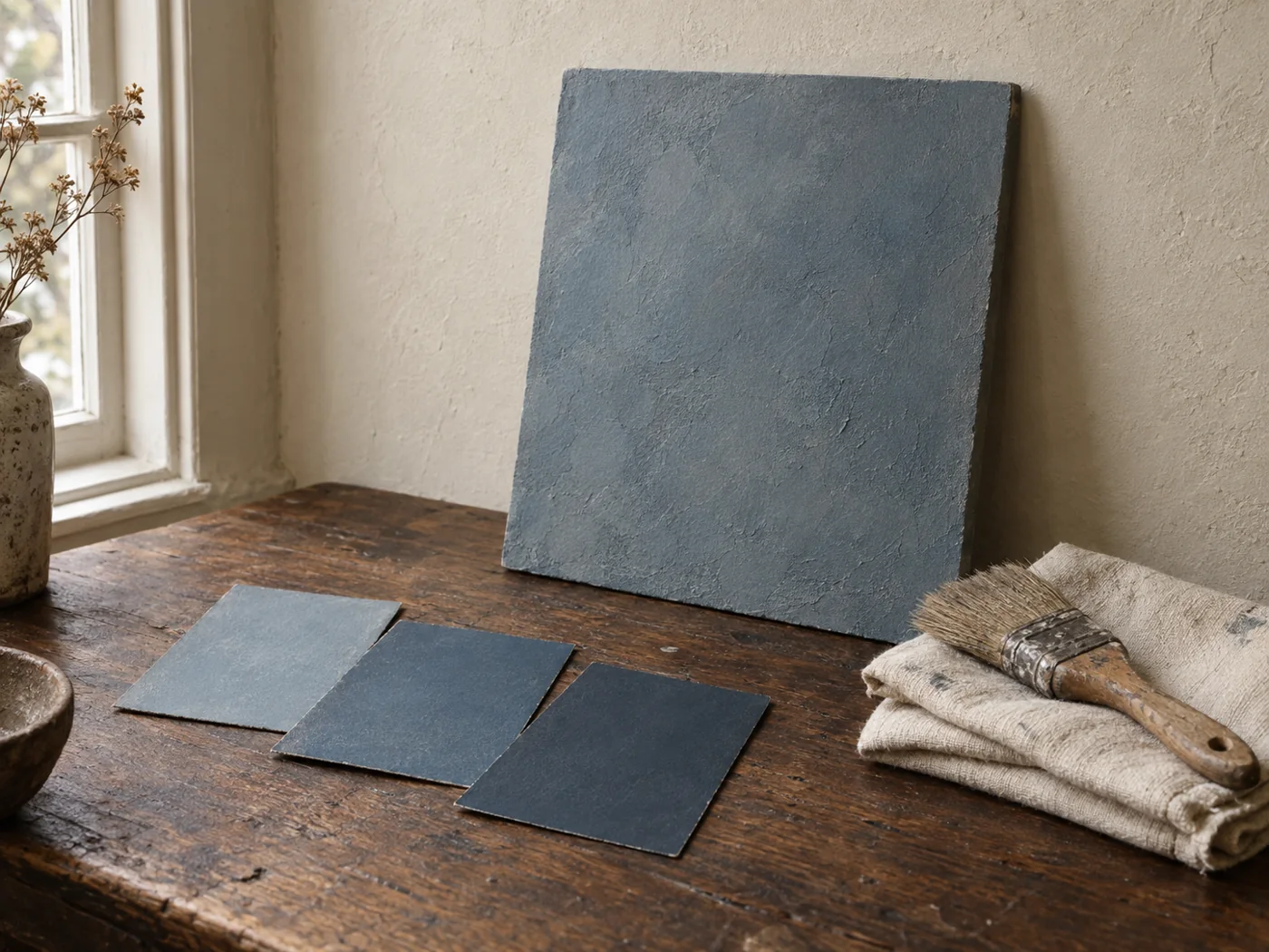 Concept study of blue-grey paint samples on a workbench